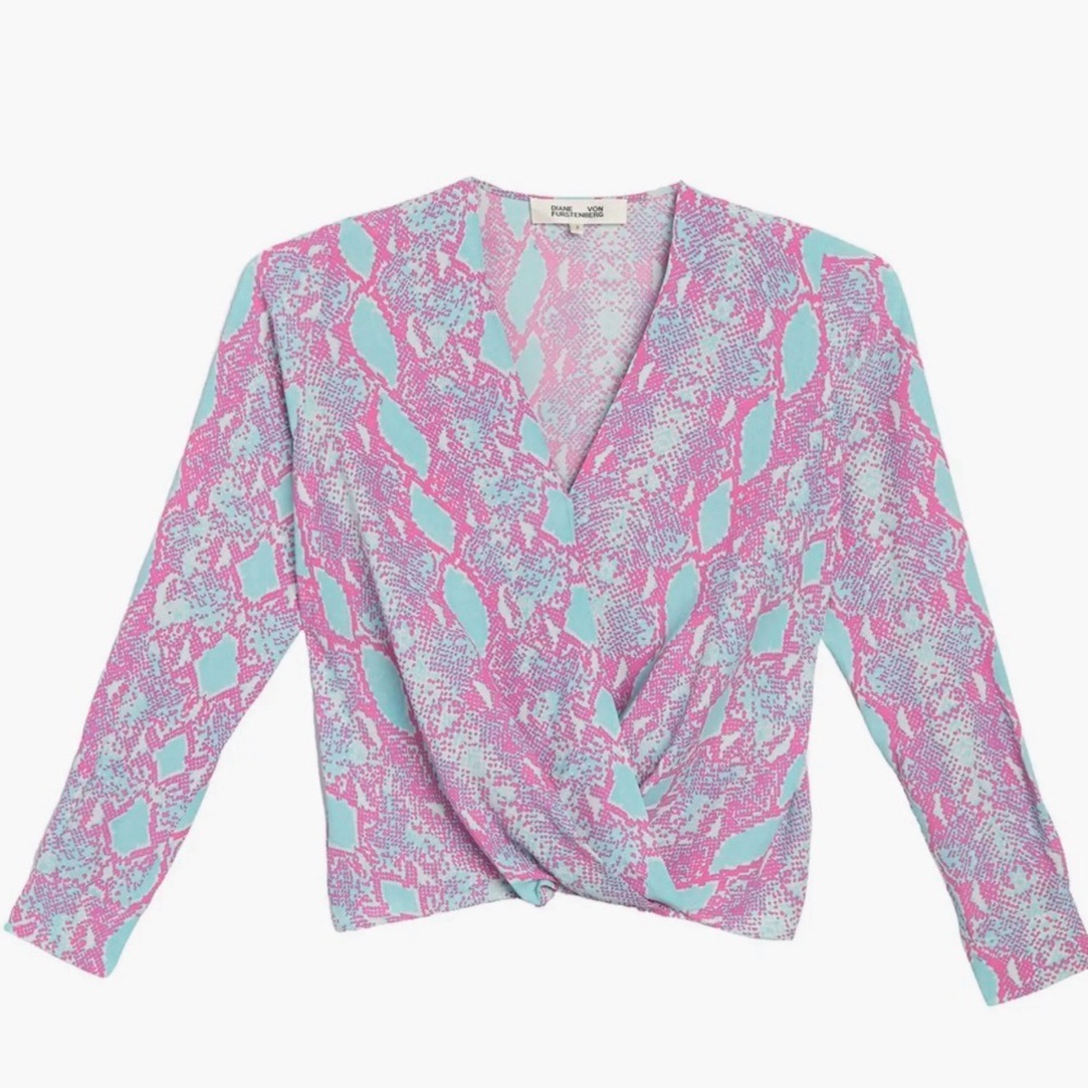Diane Von Furstenberg Merci Phyton Crest Pink and Blue Wrap Silk Blouse